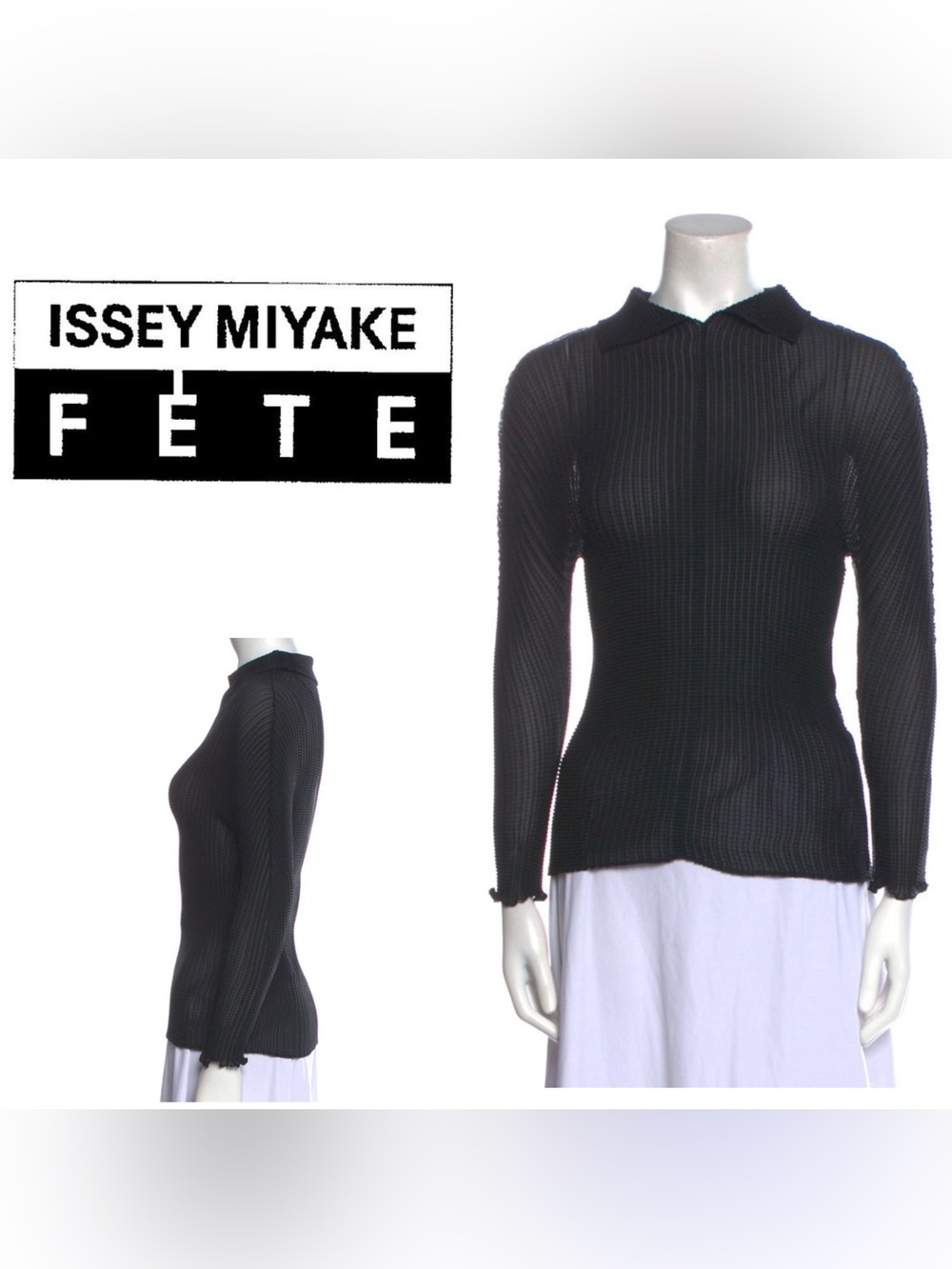 Issey Miyake Fete long-sleeve black top, pleating and classic 2way spread collar